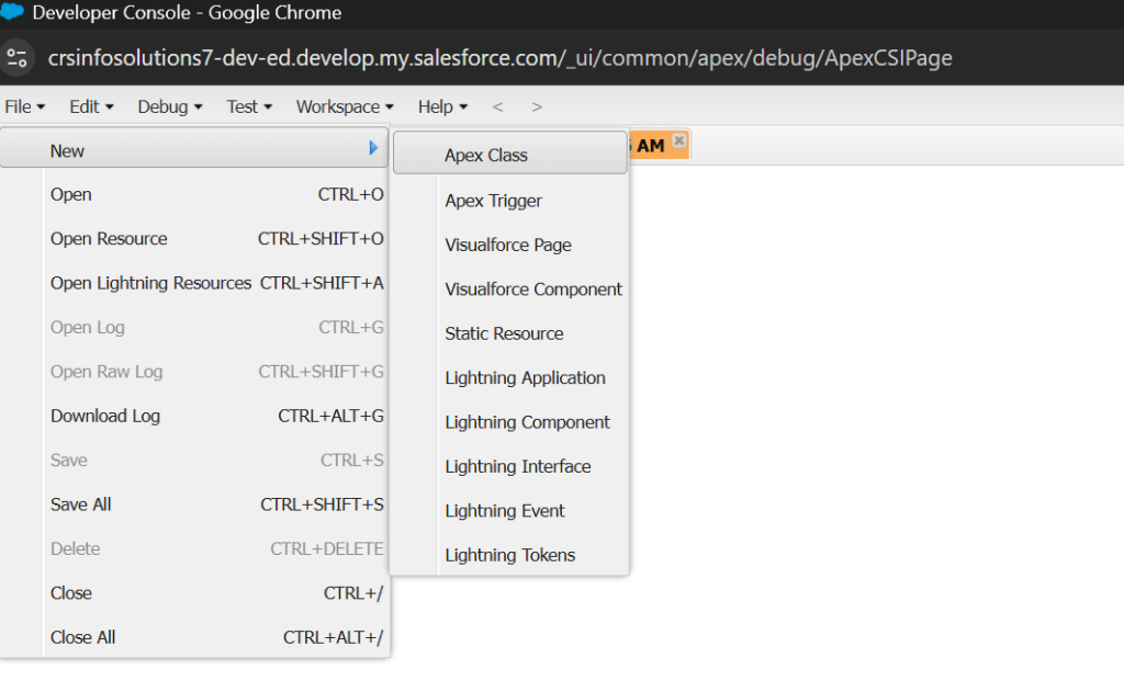 Now click on File, New , Apex Class
