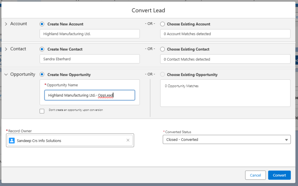 Creating new lead and converting it to Oppurtunity