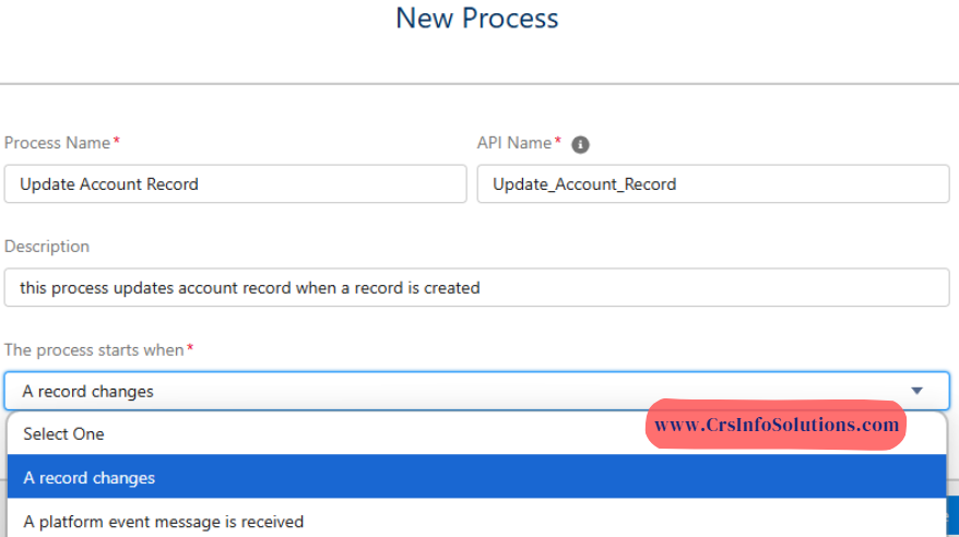 after giving the process name, we need to select A record changes and save it.
