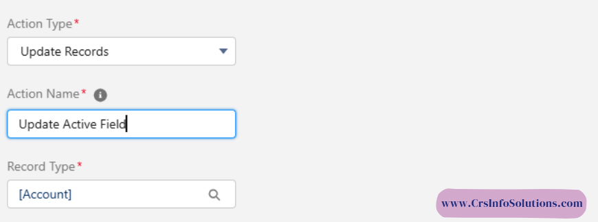 here i updated the Action Name as Update active Field.