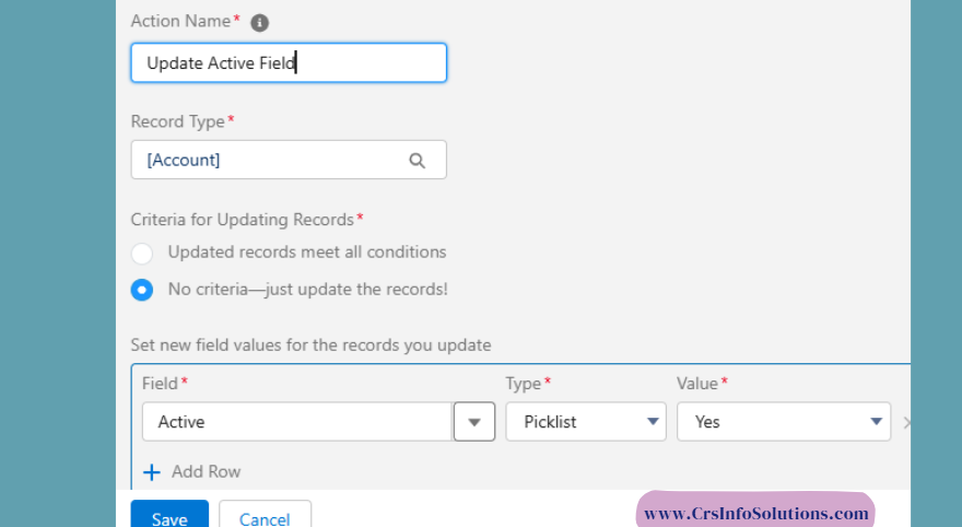 here i gave field as Active and type as Picklist and value as yes and clicked on save.