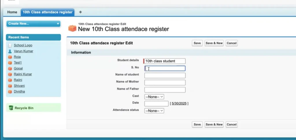 Creating App, Tab, Field in Salesforce -9 Attendence Register